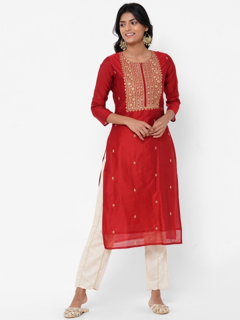 

FASHOR Women Maroon Embroidered A-Line Kurta