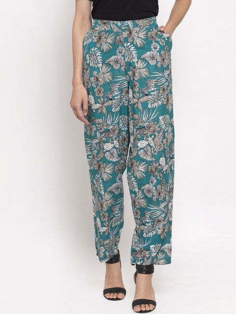 

TAG 7 Teal Blue & White Printed Straight Fit Palazzos