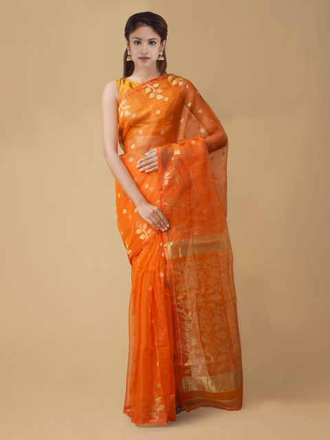 

Unnati Silks Orange Silk Cotton Printed Maheshwari Saree
