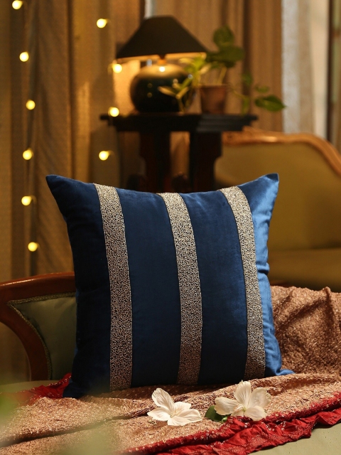 

Amoliconcepts Blue & Silver-Coloured Striped Hand-Beaded Embellished Velvet Cushion Cover