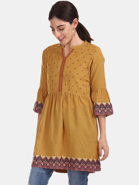 

Bronz Women Mustard Yellow Embroidered Bell Sleeve Tunic