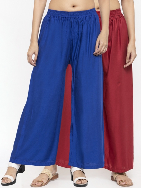 

NEUDIS Women Pack Of 2 Blue & Maroon Solid Flared Palazzos
