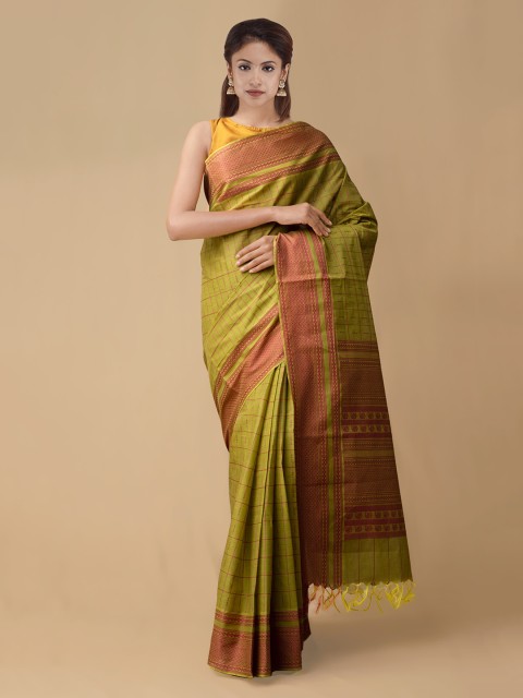 

Unnati Silks Green & Orange Pure Cotton Woven Design Handloom Mysore Silk Saree