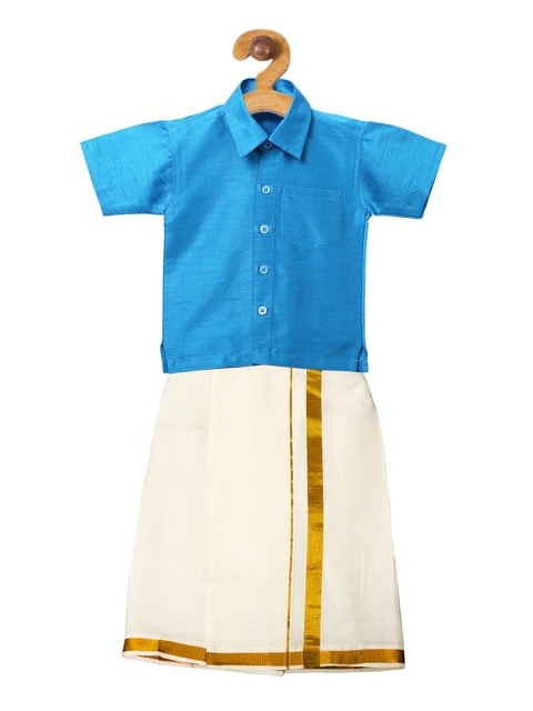 Ridokidz Boys Blue & Cream-Coloured Solid Shirt and Veshti