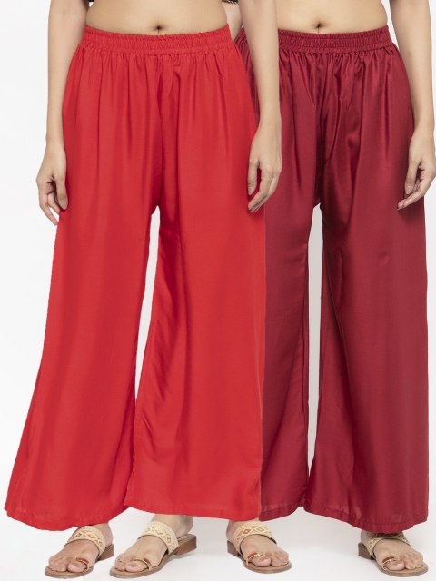 

NEUDIS Women Pack Of 2 Solid Flared Palazzos, Red