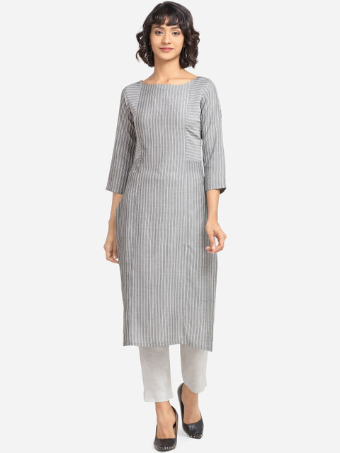 

Yuvraah Women Grey Striped Straight Kurta