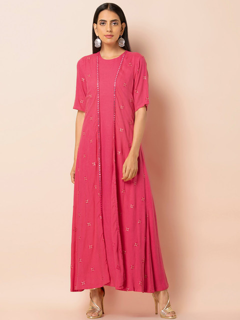 

INDYA Women Pink Embroidered Maxi Dress with Jacket