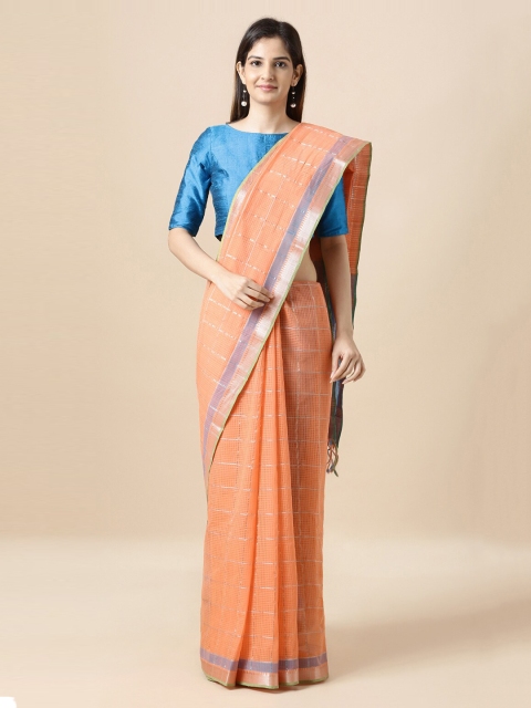

Taneira Orange & Blue Pure Cotton Checked Mangalagiri Handloom Saree