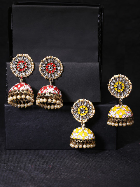 

Yellow Chimes Multicolored Meenakari Jhumka Earrings, Multi