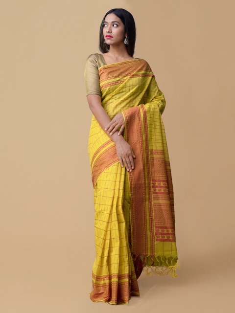 

Unnati Silks Yellow & Pink Pure Cotton Checked Mysore Silk Saree