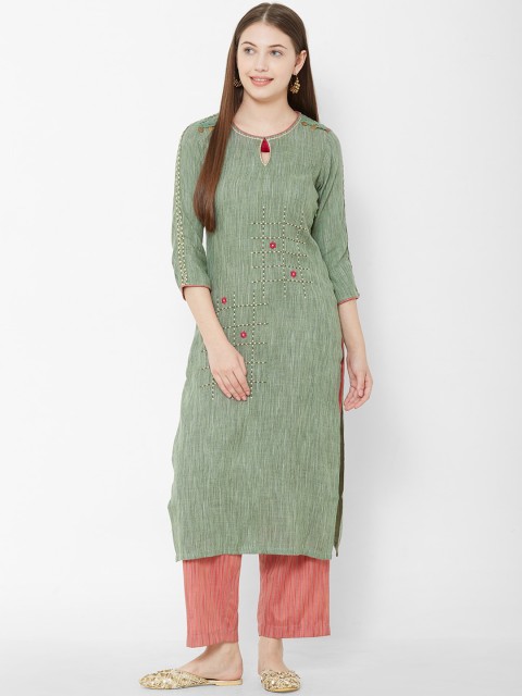 

Os Women Green & Red Embroidered Kurta with Trousers