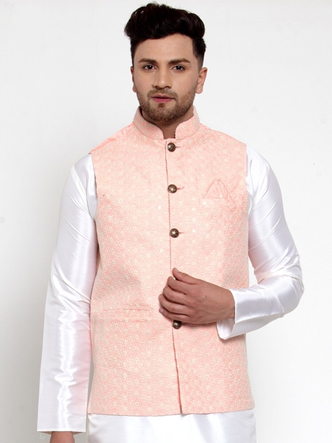 

Jompers Men Peach Embroidered Nehru Jacket