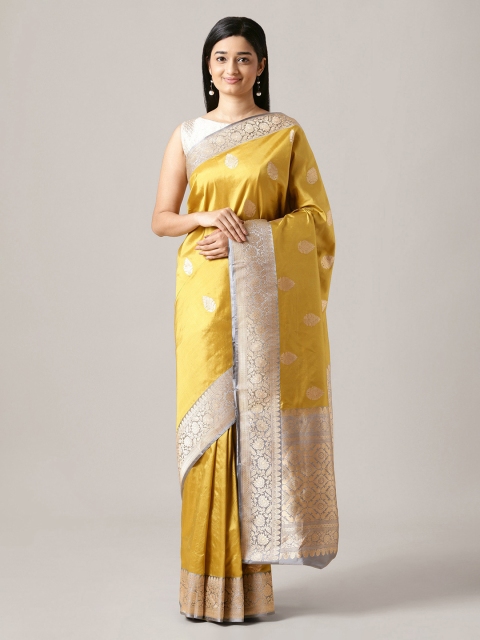 Taneira Mustard Yellow & Grey Pure Silk Woven Design Banarasi Handloom Saree