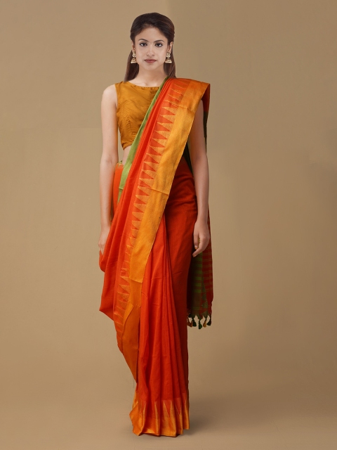 

Unnati Silks Orange & Green Silk Cotton Woven Design Jamdani Saree