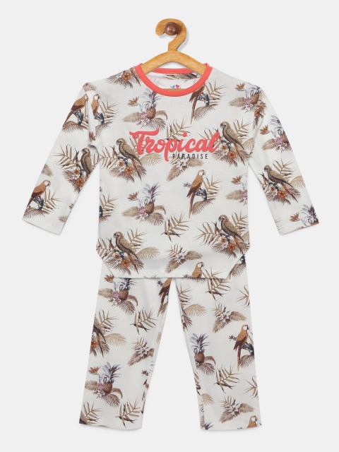 

ventra Girls Off-White & Brown Printed Night suit