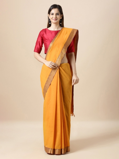 

Taneira Mustard Yellow & Maroon Pure Cotton Solid Mangalagiri Handloom Saree