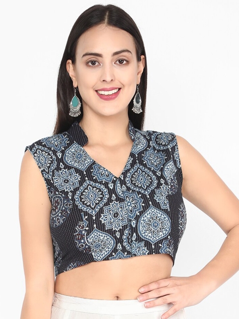 

Molcha Women Black & Blue Ajrak Printed Saree Blouse