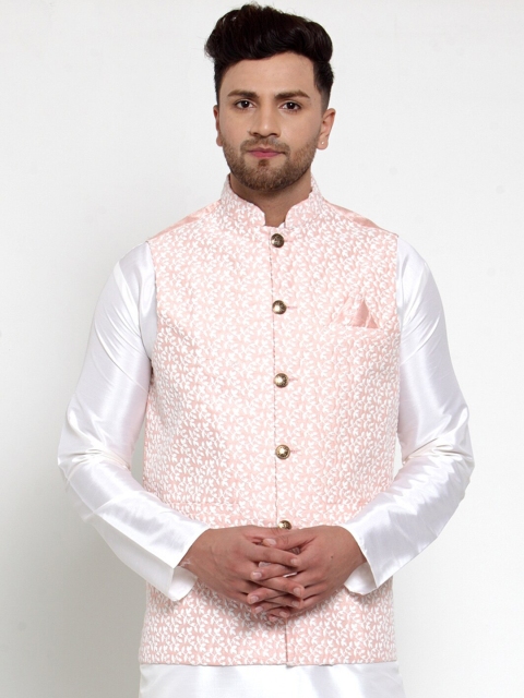

Jompers Men Pink & White Embroidered Nehru Jacket