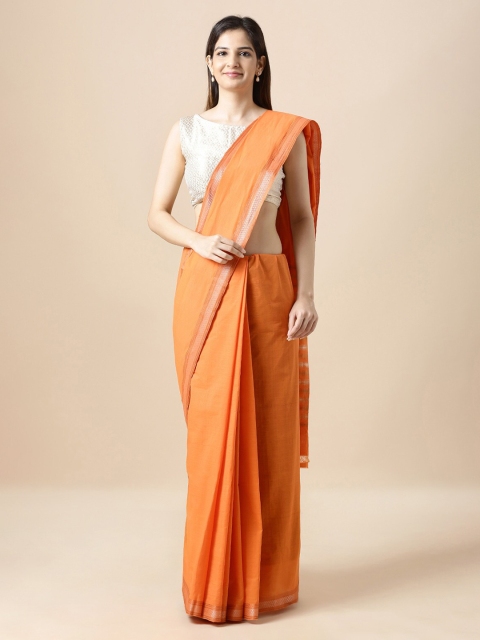 

Taneira Orange & Silver-Toned Pure Cotton Solid Mangalagiri Saree