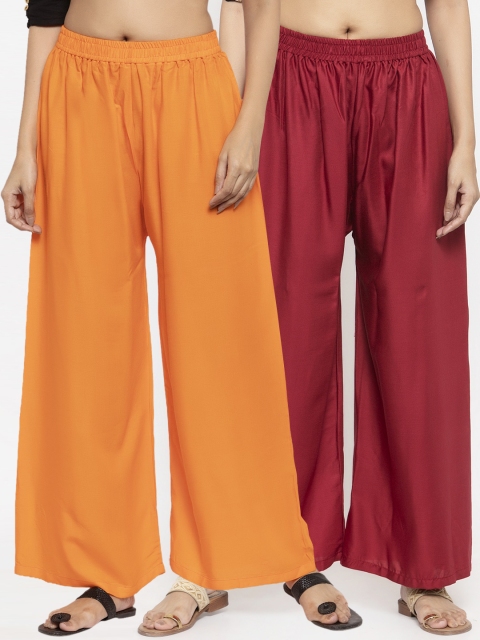 

NEUDIS Women Pack Of 2 Orange & Maroon Solid Flared Palazzos