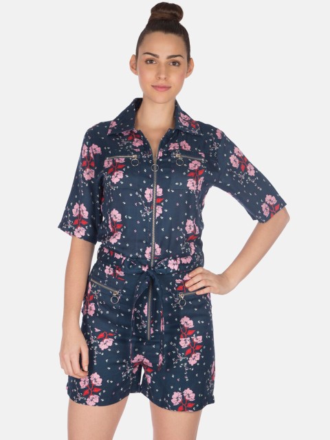 

Smugglerz Women Navy Blue & Pink Floral Printed Playsuit