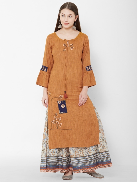 

Os Women Mustard Yellow & Off-White Solid Kurta with Skirt