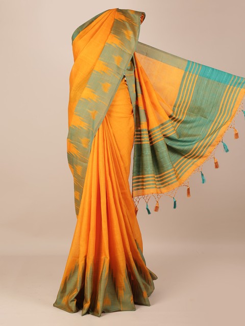 

Pothys Mustard Yellow & Green Linen Blend Solid Saree