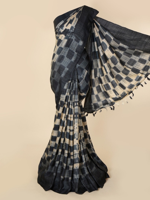 

Pothys Black & Cream-Coloured Jute Silk Checked Tussar Saree