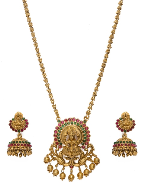 

Alankruthi Gold-Plated Pink & Green Stone Studded Goddess Chain Pendant Sustainable Jewellery Set