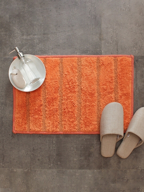 

House This Orange Self-Striped Rectangular 110 GSM Cotton Bath Rug