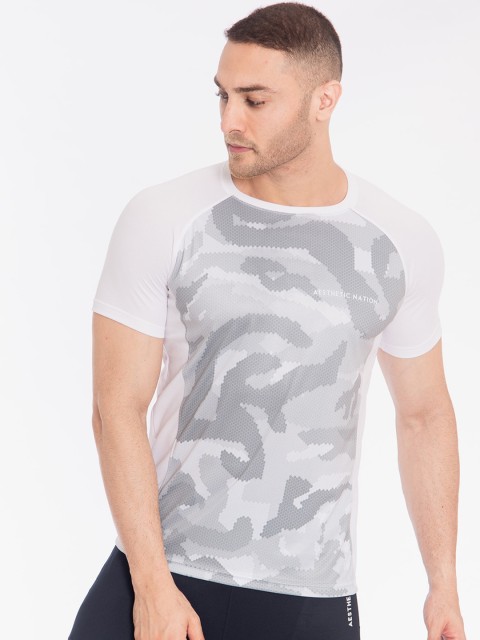 

AESTHETIC NATION Men White & Grey Slim Fit Printed Round Neck T-shirt