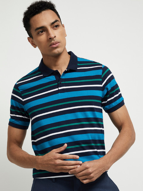 

max Men Navy Blue & Green Striped Polo Collar T-shirt