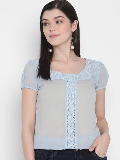 Porsorte Women Blue Floral Embroidered Lace Top