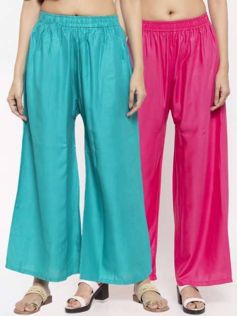 

NEUDIS Women Pack Of 2 Turquoise Blue & Pink Solid Flared Palazzos