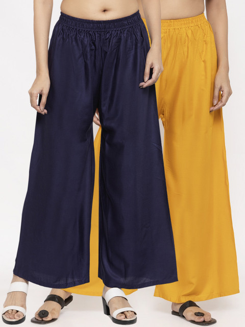 

NEUDIS Women Pack Of 2 Navy Blue & Yellow Solid Flared Palazzos