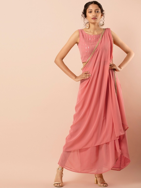 

INDYA Women Old Rose Pink Solid Dupatta Drape High Low Layered Saree Skirt