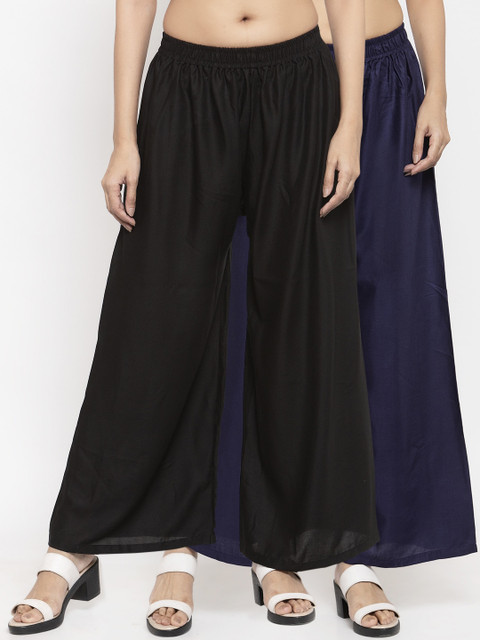 

NEUDIS Women Pack Of 2 Black & Navy Blue Solid Flared Palazzos