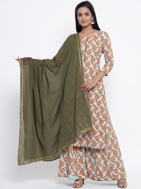 

WomenMagic Women Blue & Green Printed Kurta with Sharara & Dupatta