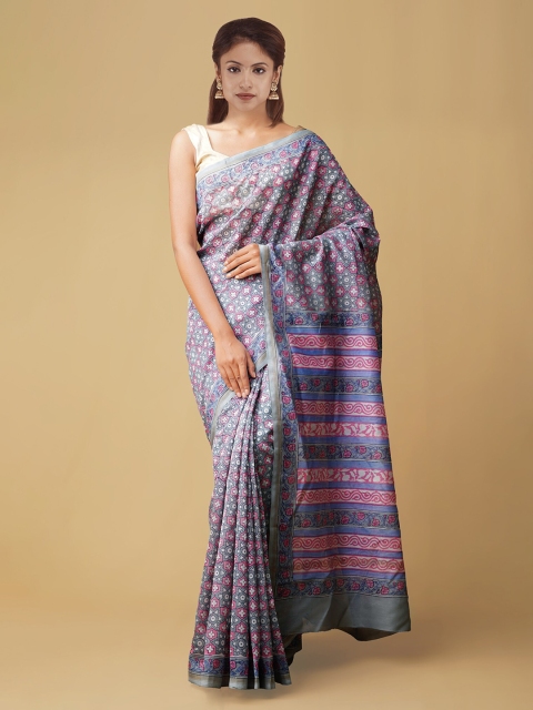 

Unnati Silks Blue & Lavender Pure Cotton Printed Chanderi Saree