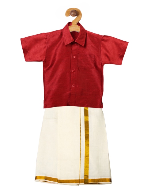 

Ridokidz Boys Maroon & Cream-Coloured Solid Shirt and Veshti