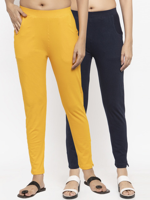 

NEUDIS Women Pack Of 2 Solid Ankle-Length Leggings, Yellow