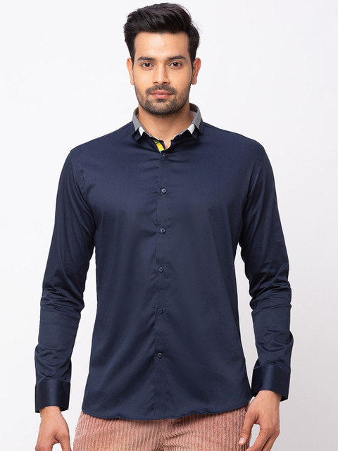 

mode de base Men Navy Blue Slim Fit Solid Casual Shirt