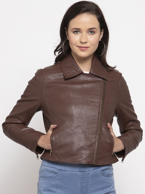 WELBAWT Women Brown Solid Lightweight Biker Jacket