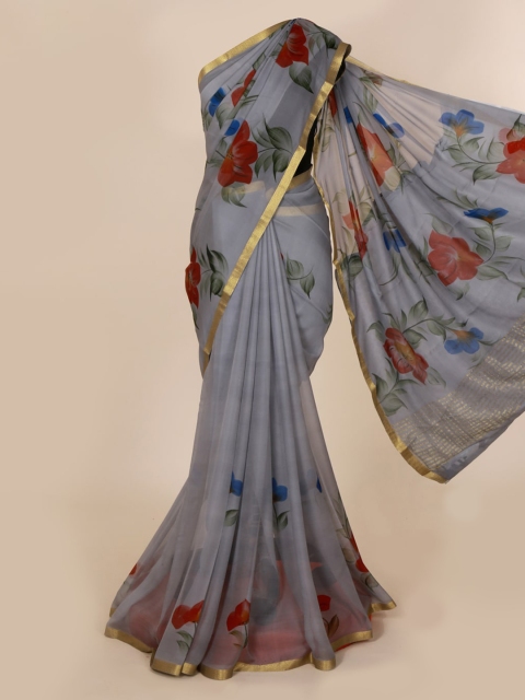 

Pothys Grey Floral Printed Pure Chiffon Saree