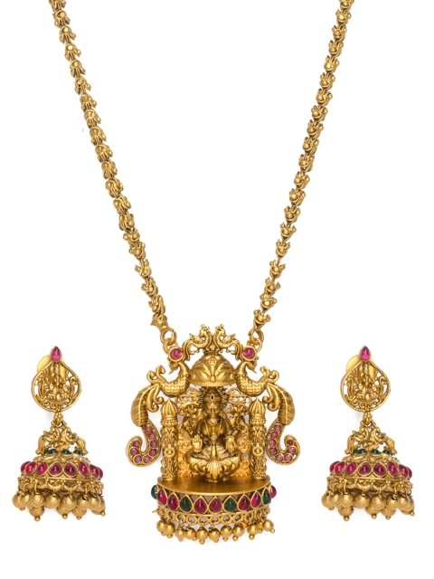 

Alankruthi Gold-Plated Pink & Green Stone-Studded Temple Jewellery Set