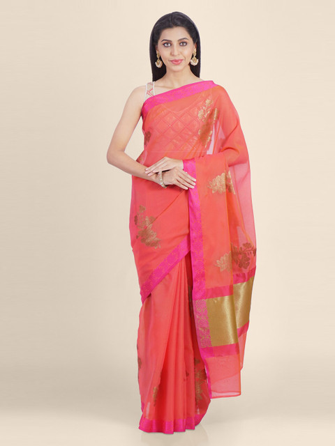 

Shruti and Mangaaysh Peach-Coloured & Gold-Coloured Silk Blend Handloom Banarasi Saree