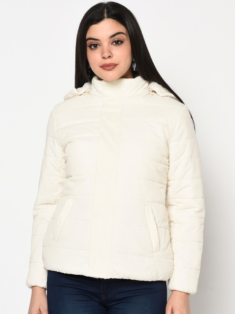 

METTLE Women White Solid Hooded Padded Jacket