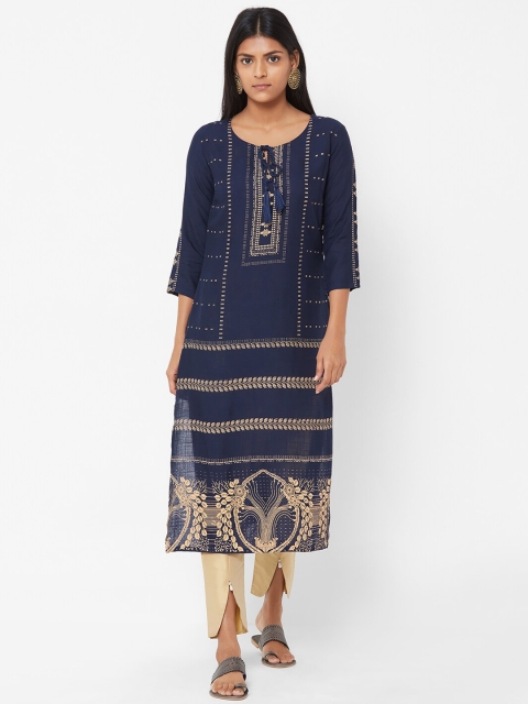 

FASHOR Women Blue Solid Straight Kurta