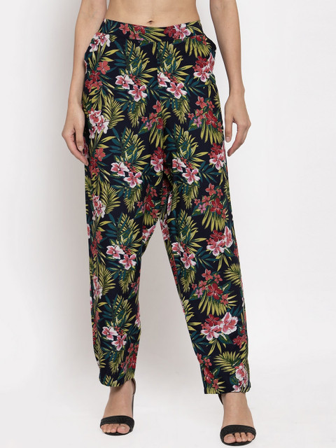 

TAG 7 Women Navy Blue & Green Printed Straight Palazzos