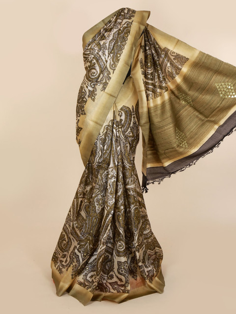 

Pothys Cream-Coloured & Grey Jute Silk Printed Tussar Saree